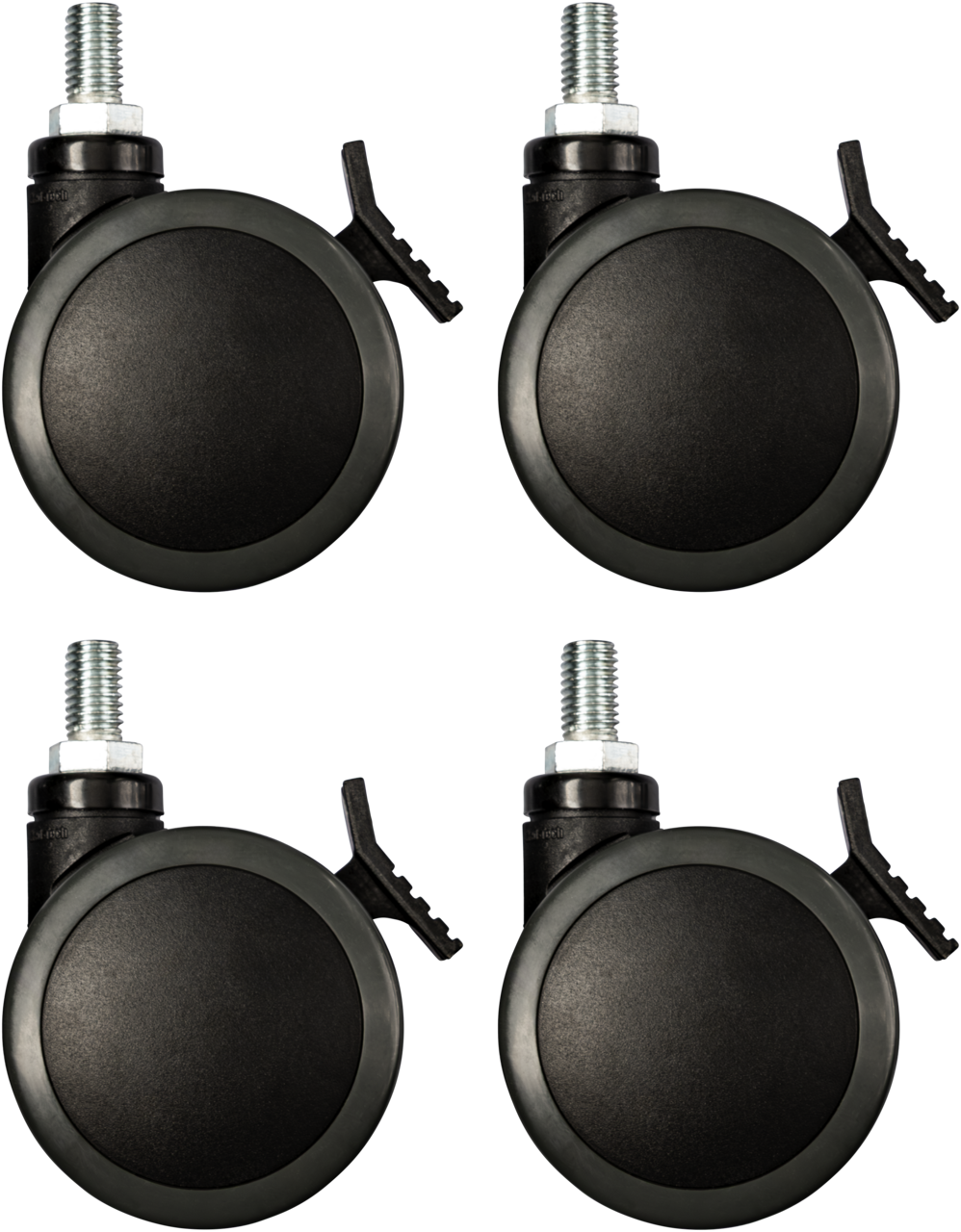 Four Legamaster castors for glassboards, featuring black swivel wheels with metal threaded stems and side brakes, are arranged in a 2x2 grid on a white background.