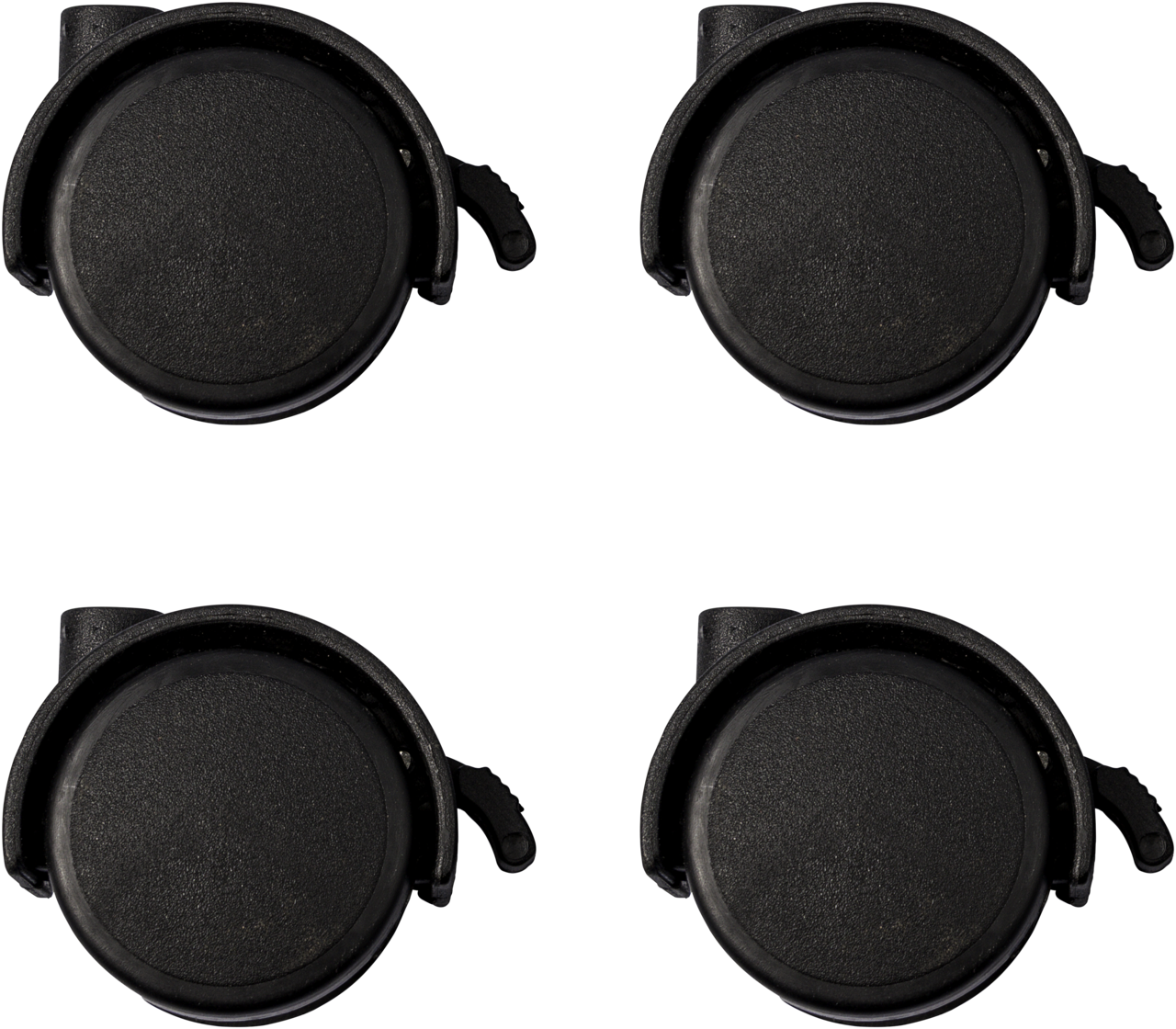 Four Legamaster castors for workshop board PREMIUM PLUS are arranged in a grid pattern—two at the top and two at the bottom—on a plain background.