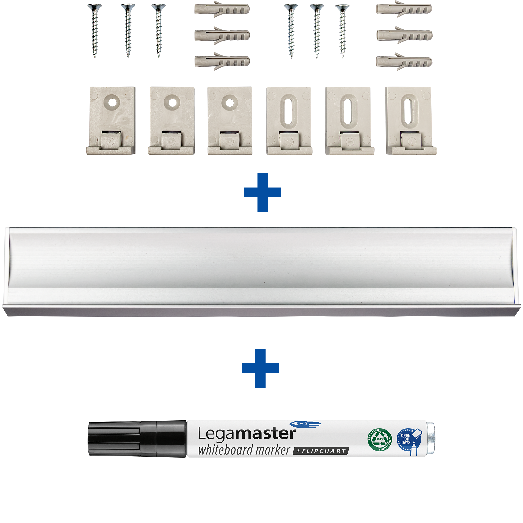 The Legamaster spare part set for board PREMIUM PLUS includes screws, wall plugs, four plastic brackets, a metal rail, and a black Legamaster whiteboard marker.