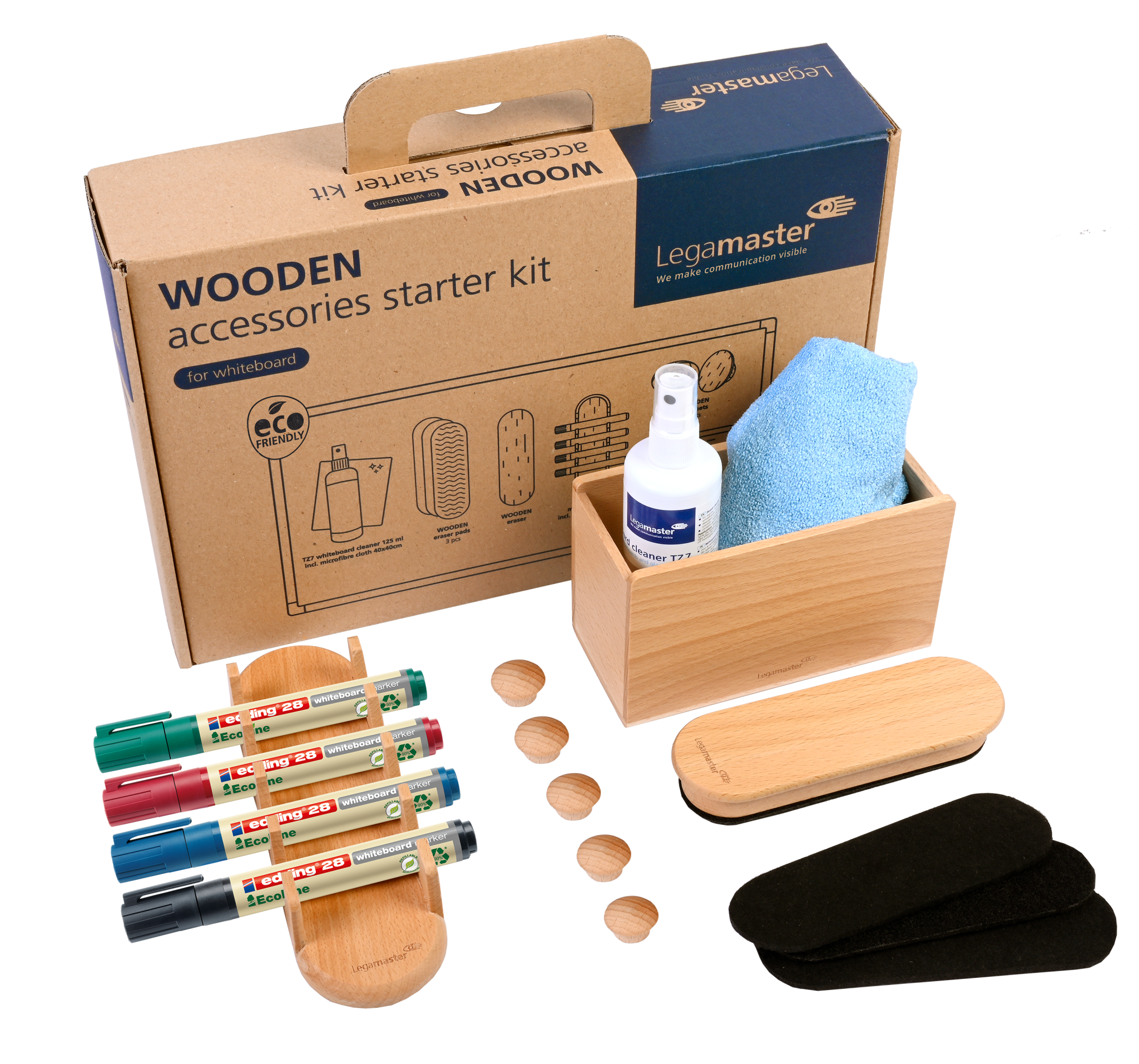 The Legamaster WOODEN whiteboard starter kit includes eco-friendly markers, wooden accessories, magnets, an eraser, spray bottle, cloth, and a wooden storage box—all presented before Legamaster-branded cardboard packaging.