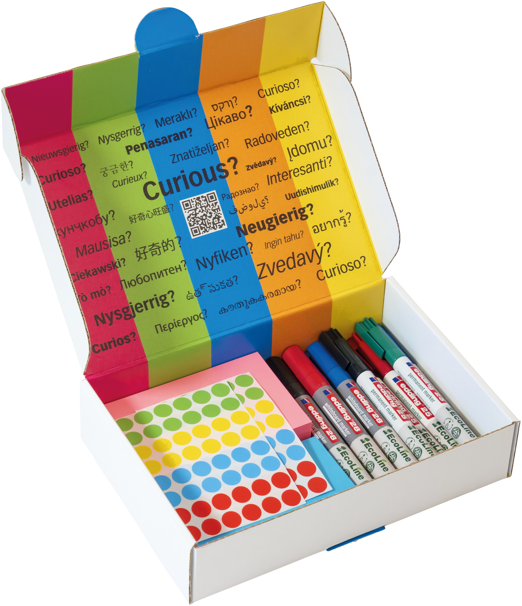 The PLAYROOM ESSENTIALS creative box Workshop by PLAYROOM features colorful striped packaging with sticky notes, colored dot stickers, and whiteboard markers. Inside the lid: “Curious?” in multiple languages around a QR code for extra inspiration.
