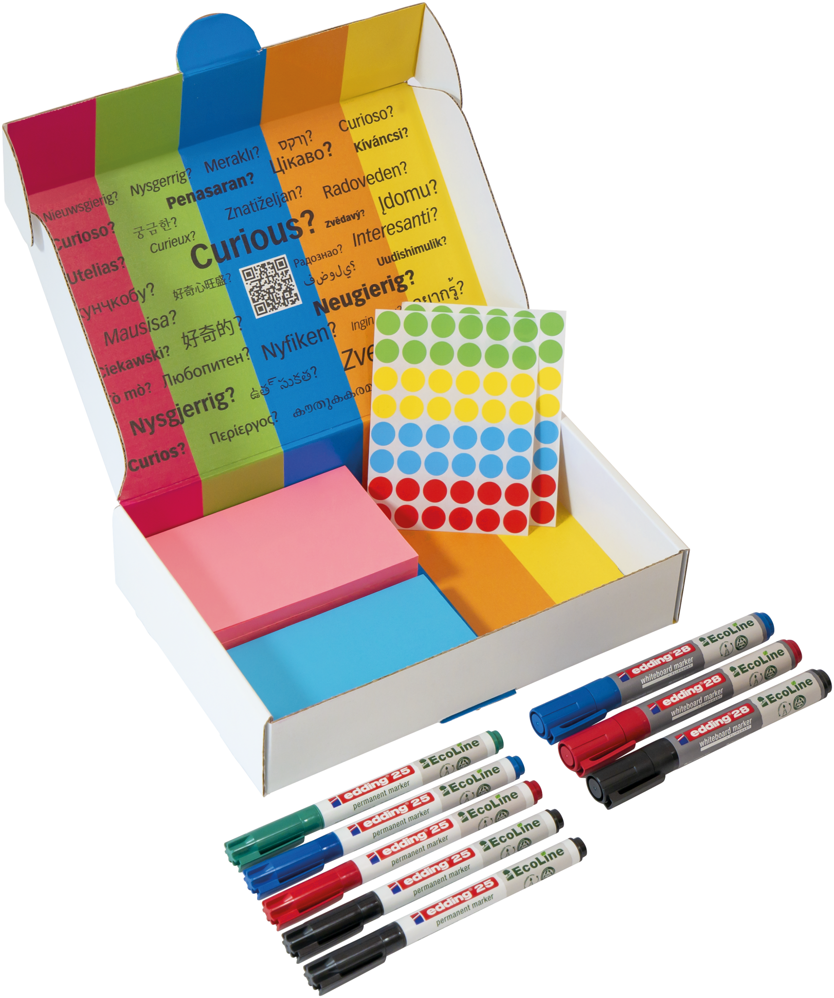 The PLAYROOM ESSENTIALS creative box Workshop includes colorful sticky notes, multicolored dot stickers, and colored whiteboard markers. Its lid displays "Curious?" in multiple languages and a QR code—ideal tools to boost workshop productivity.