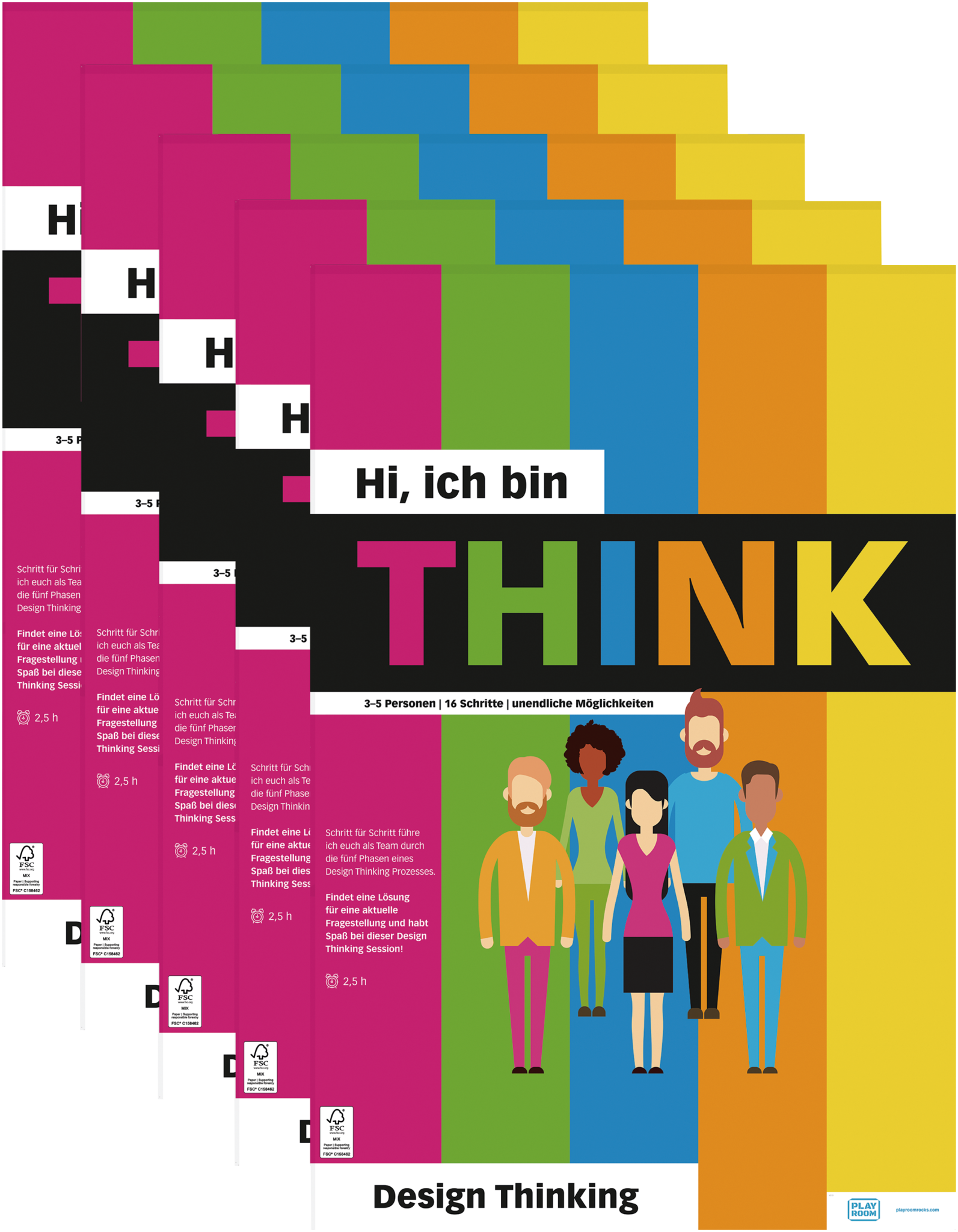 The PLAYROOM THINK FLIP paper pad 5pcs by Legamaster Shop features colorful posters in German with illustrated people and bold text, explaining the Design Thinking framework—steps, duration, and group sizes included.